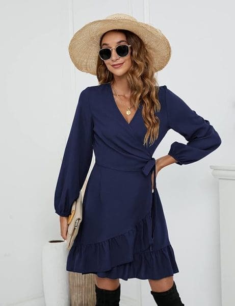 fall wedding guest dresses with long sleeves- blue dress wrap