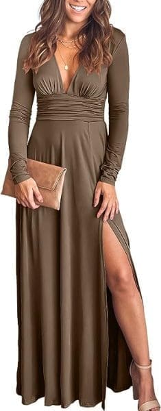 fall wedding guest dresses with long sleeves- brown deep v neck deep slit