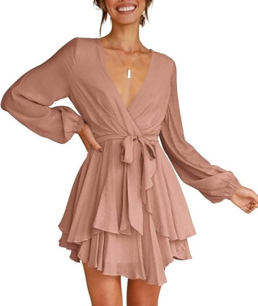 fall wedding guest dresses with long sleeves- camel dusty rose faux wrap