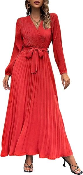 fall wedding guest dresses with long sleeves- coral pleated dress.jpg