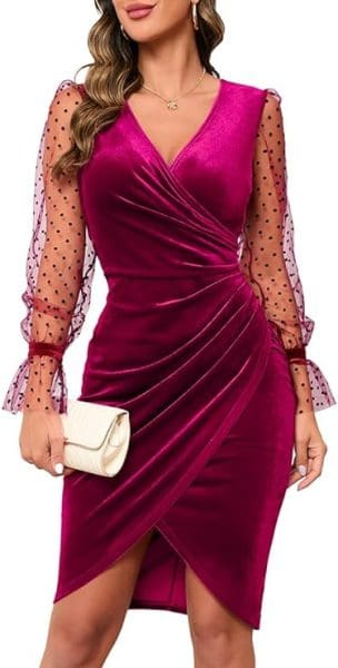 fall wedding guest dresses with long sleeves- pink magenta polka dots velvet slit