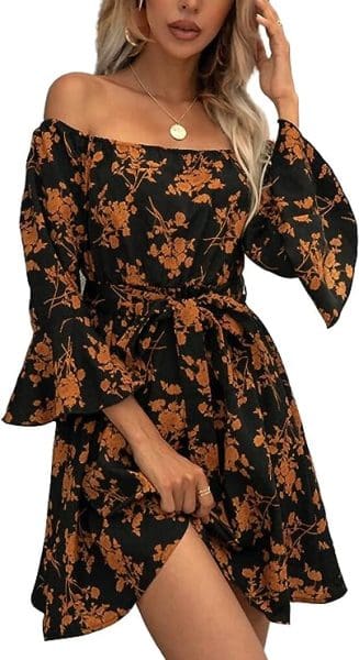 fall wedding guest dresses with off-shoulder sleeves- black and orange