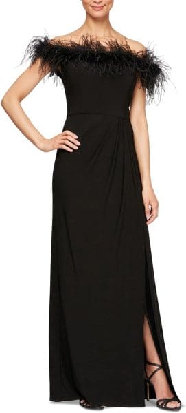 fall wedding guest dresses with off-shoulder sleeves- black feathers