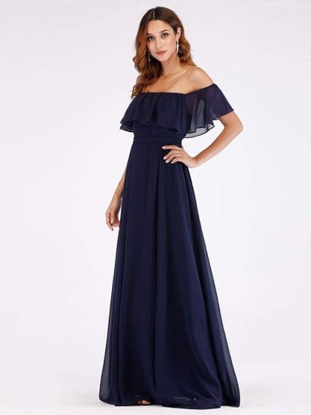 fall wedding guest dresses with off-shoulder sleeves- blue ruffles