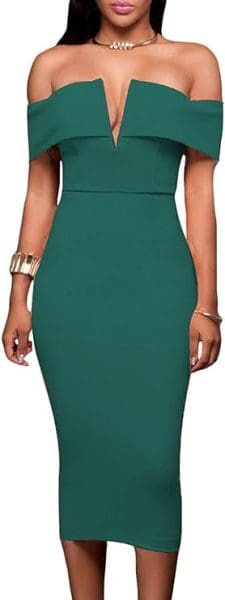 fall wedding guest dresses with off-shoulder sleeves- green bodycon