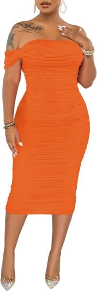 fall wedding guest dresses with off-shoulder sleeves- orange ruched midi