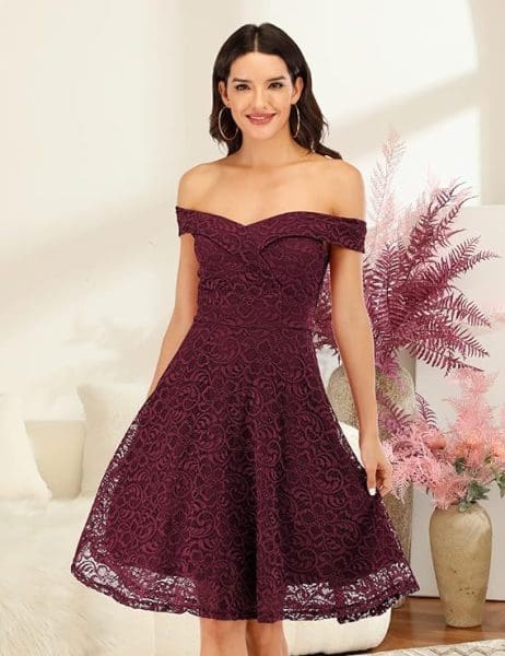 fall wedding guest dresses with off-shoulder sleeves- wine lace