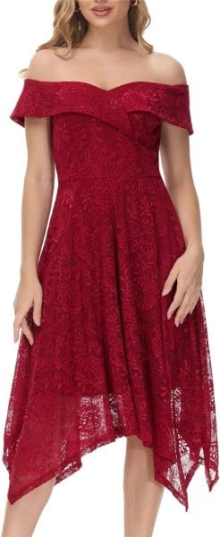 fall wedding guest dresses with off-shoulder sleeves- wine red lace