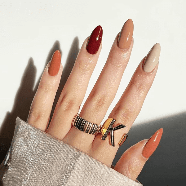 classy coffin fall nails, almond fall nails, fall ombre nails