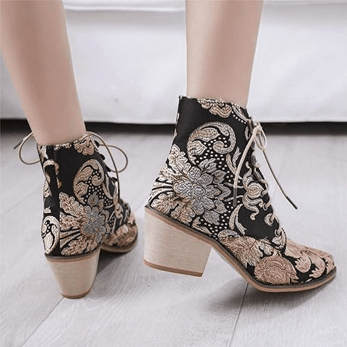 black and gold embroidered ankle boots