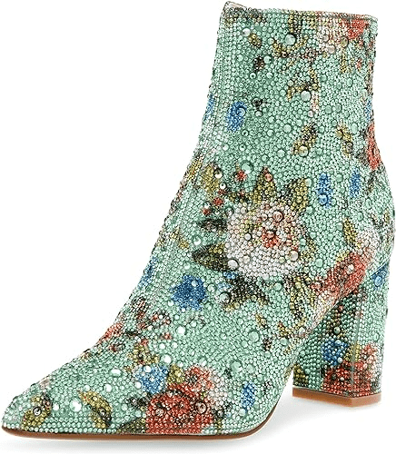 turquoise and floral rhinestone ankle boots