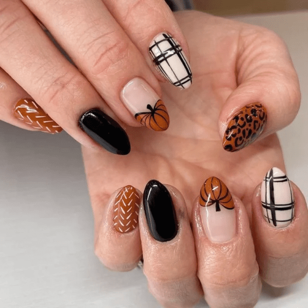 classy coffin fall nails, almond fall nails, fall ombre nails