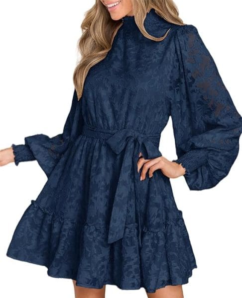 wedding guest dresses with full sleeves- blue lace high neck.jpg