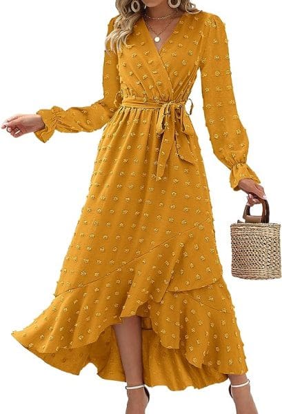 wedding guest dresses with long sleeves- mustard wrap midi