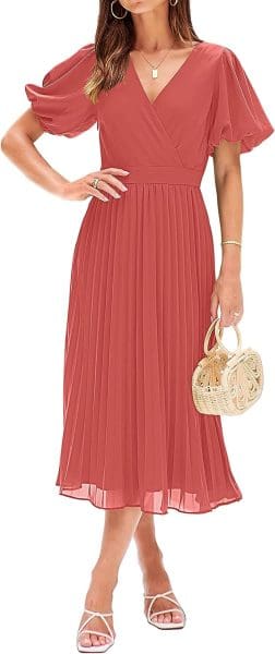 wedding guest dresses with short sleeves- coral midi dress with pleats