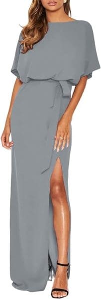 wedding guest dresses with short sleeves- gray maxi belted dress