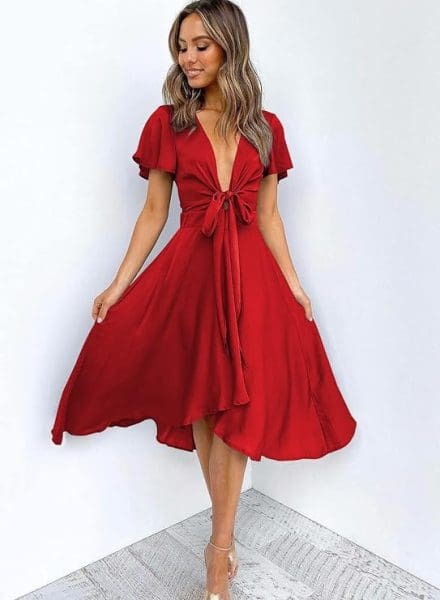 wedding guest dresses with short sleeves- red front tie