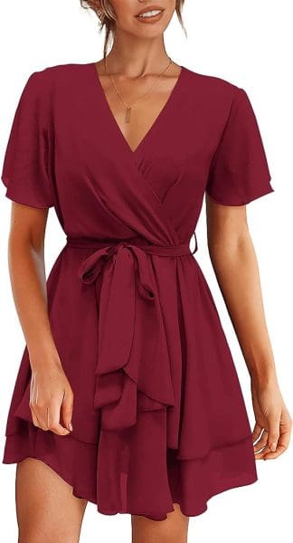 wedding guest dresses with short sleeves- wrap dress wine red