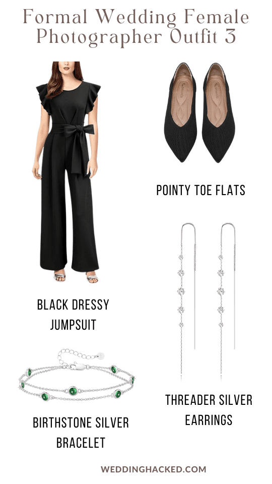 female-wedding-photographer-outfit-black-jumpsuit-pointy-toe-flats-threader-silver-earrings-birthstone-silver-bracelet-2