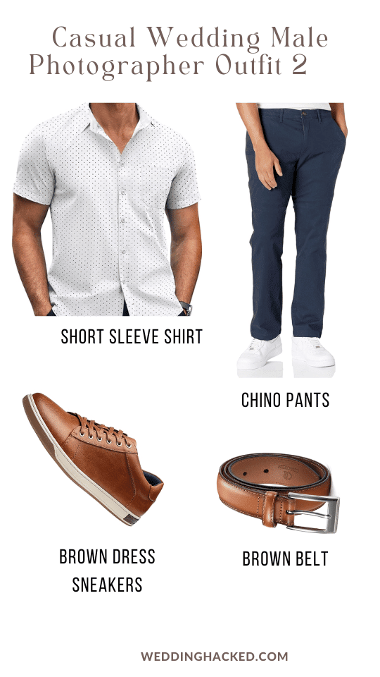 men-wedding-photographer-outfit-short-sleeve-white-shirt-blue-chino-pants-brown-dress-sneakers-belt-ideas