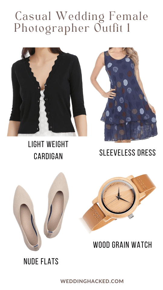 womens-wedding-photographer-outfit-black-cardigan-shrug-polka-dot-dress-nude-pointed-toe-flats-wood-grain-casual-watch