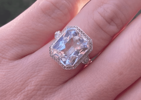 ANTIQUE EMERALD CUT WHITE SAPPHIRE DIAMOND RING IN 14K GOLD EDWARDIAN ERA