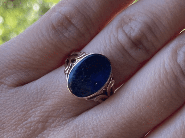 Antique Oval Cut Large Blue Sapphire Ring in 10K Yellow Gold Edwardian Era