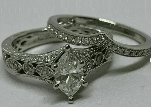 Wedding Engagement Ring Set In 935 Argentium Silver Marquise Diamond Ring Set Antique Bridal Set