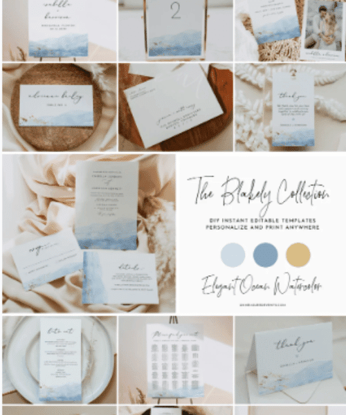 BLAKELY Wedding Bundle, Blue Watercolor Wedding Invite