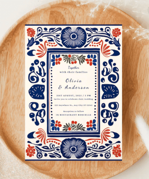 Blue & Red Talavera Tile Inspired Wedding Invite 5x7 - Elegant Digital