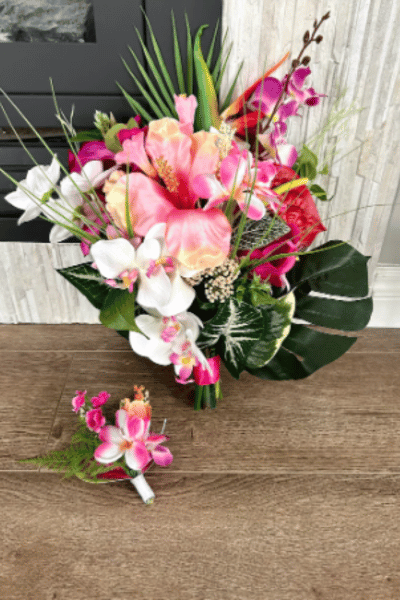 Bridal bouquet with tropical silk flowers