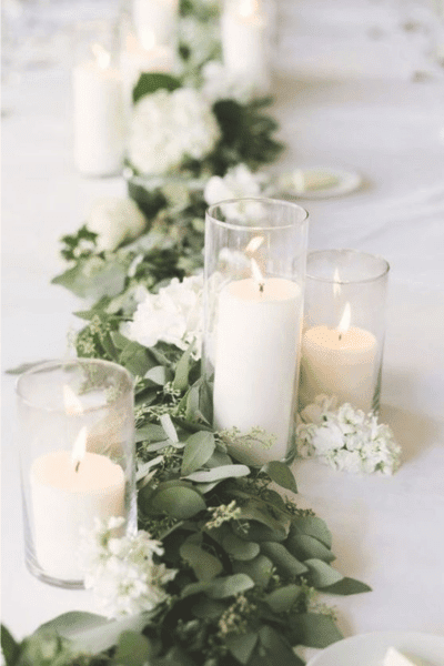 Candles, Seeded Eucalyptus & Hydrangea Wedding Long Table Decor