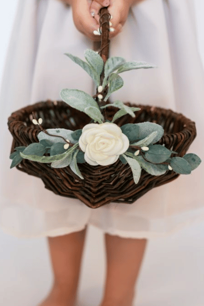Flower Girl Basket With Lambs Ear, pip berries & spiral eucalyptus accents