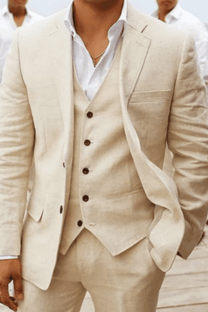 Men's Beige Premium Linen 3 Piece Suit