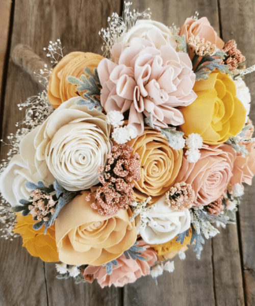 Peach-and-yellow-Wood-Flower-Bouquet