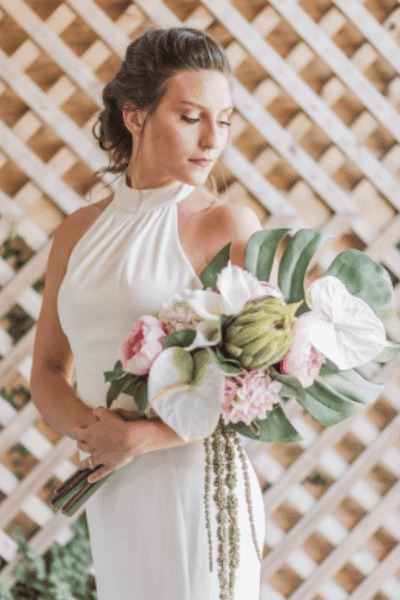 Tropical Bouquet for Beach Wedding, Bouquet and Boutonniere, Pink and White Bridal Bouquet for Summer Wedding, Monstera Protea and Anthurium