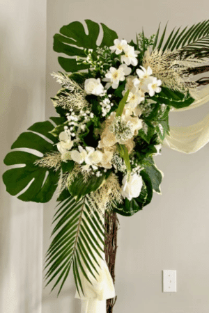 Tropical wedding arch flowersCorner swag &tieback
