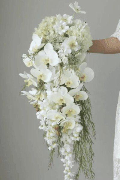 White Orchid Cascading Wedding Bouquet, White Bridal Bouquet, Rustic Wedding Flower, Made with Orchid, Hydrangea, Baby's Breath