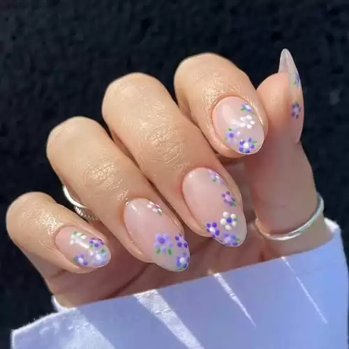 Flower Press on Nails Short Almond Fake Nails Purple Floral Designs Full Cover Stick on Nail Summer Spring False Nails Nude Glossy Artificial Acrylic Nail for Women Girls Manicure Decorations 24 Pcs