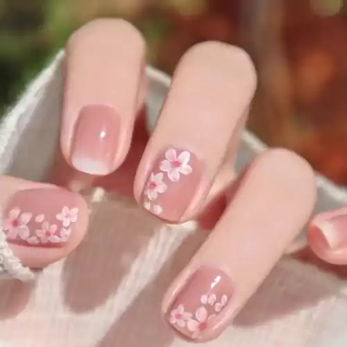 24 Pcs Short Press on Nails Square Shape Fake Nails Cherry Blossom Designs Pink Flower French Style Acrylic Nails Cute Spring False Nail Tips Reusable Stick on Nails for Women and Girls