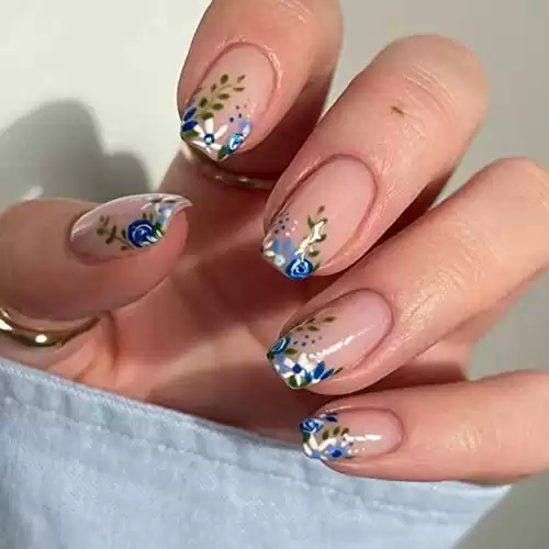 Flower Press on Nails Medium Fake Nails Square False Nails French Stick on Nails with Leaves Blue Rose Acrylic Nails Cute Glue on Nails Spring Floral Artificial Nails for Women Manicure 24Pcs