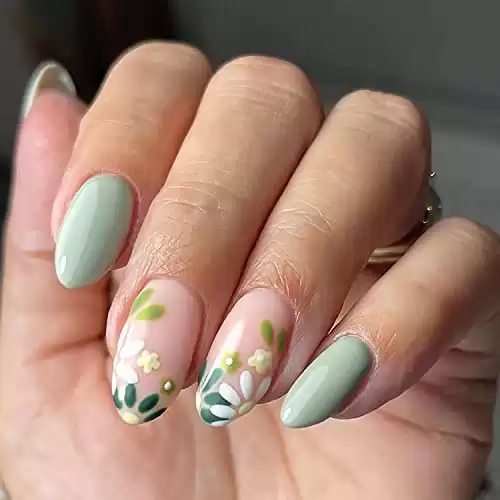 24 Pcs Flower Press on Nails Medium Almond Shaped Fake Nails Full Cover Glossy False Nails with Designs White Small Floral Stick on Nails Round Head Acrylic Nails for Women DIY Manicure Decorations