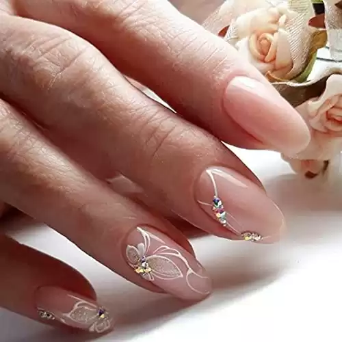 YOSOMK Nude Almond Fake Nails Medium Press on Nails with Flower Designs Glossy False Nails Glitter Rhinestones Stick on Artificial Nails for Women