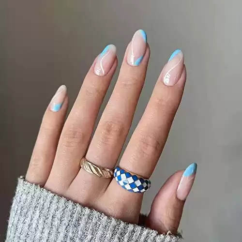 Gentle Claws Press On Nails - Breeze | Nude Blue Swirl Press On Nails, Medium Swirl Almond Shaped Blue Nails with Design for Women and Girls, 24 Pcs Reusable Nude Blue Swirl Fake Nails