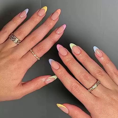 MISUD Short Round Press on Nails Oval Fake Nails Glossy Glue on Nails Colorful French Tip Acrylic Nails Summer Artificial Nails Rainbow Edge Stick on False Nails with Design 24 pcs
