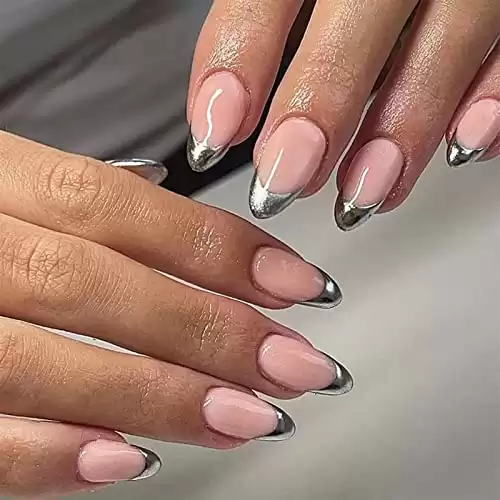 SINHOT French Tips Press On Nails Short Almond Fake Nails Glossy Silver Edge False Nails Stiletto Glue on Nails with Design Full Cover Acrylic Nails (24Pcs,1 Glue)