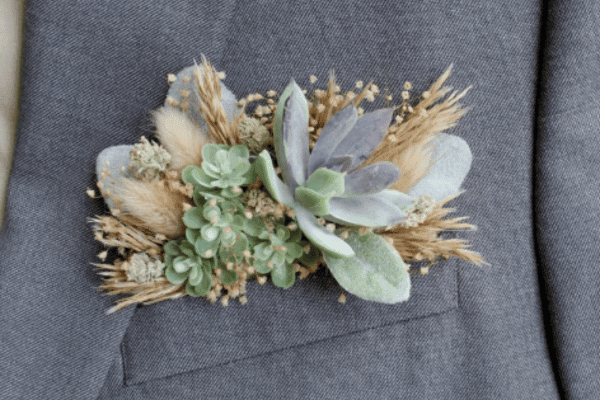 Sage Green Pocket Boutonniere, Dry Flowers with Succulents