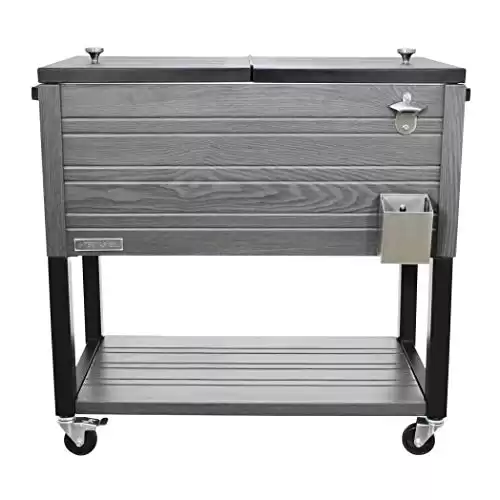 80-Quart Outdoor Patio Cooler with Wheels Wood Grain Accent, Gray