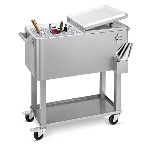 80 Quart Rolling Silver Ice Chest Cooler Cart with Ice Scoop