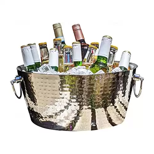 Hammered Stainless-Steel Beverage Tub, Double-Walled Ice Bucket with Double Hinged Handles 12 Quarts